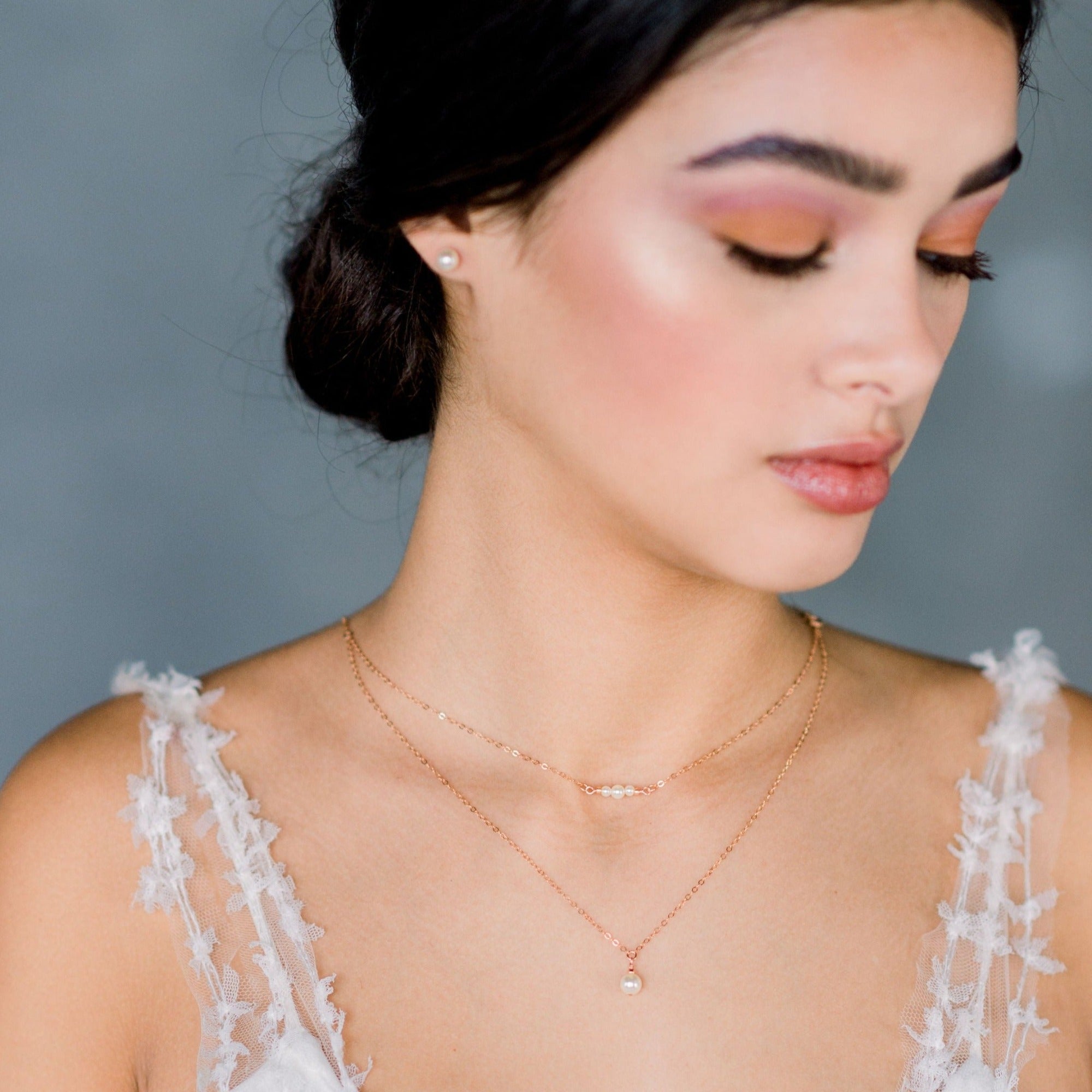 dainty double layer pearl bridal necklace with round glass pearl drop, available in silver, gold and rose gold filled. handmade in toronto ontario canada by Blair Nadeau Bridal Adornments
