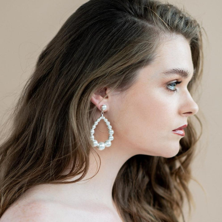 White and Silver Oversized Large Pearl Teardrop Bridal Earrings. made in toronto canada by Blair nadeau bridal adornments 