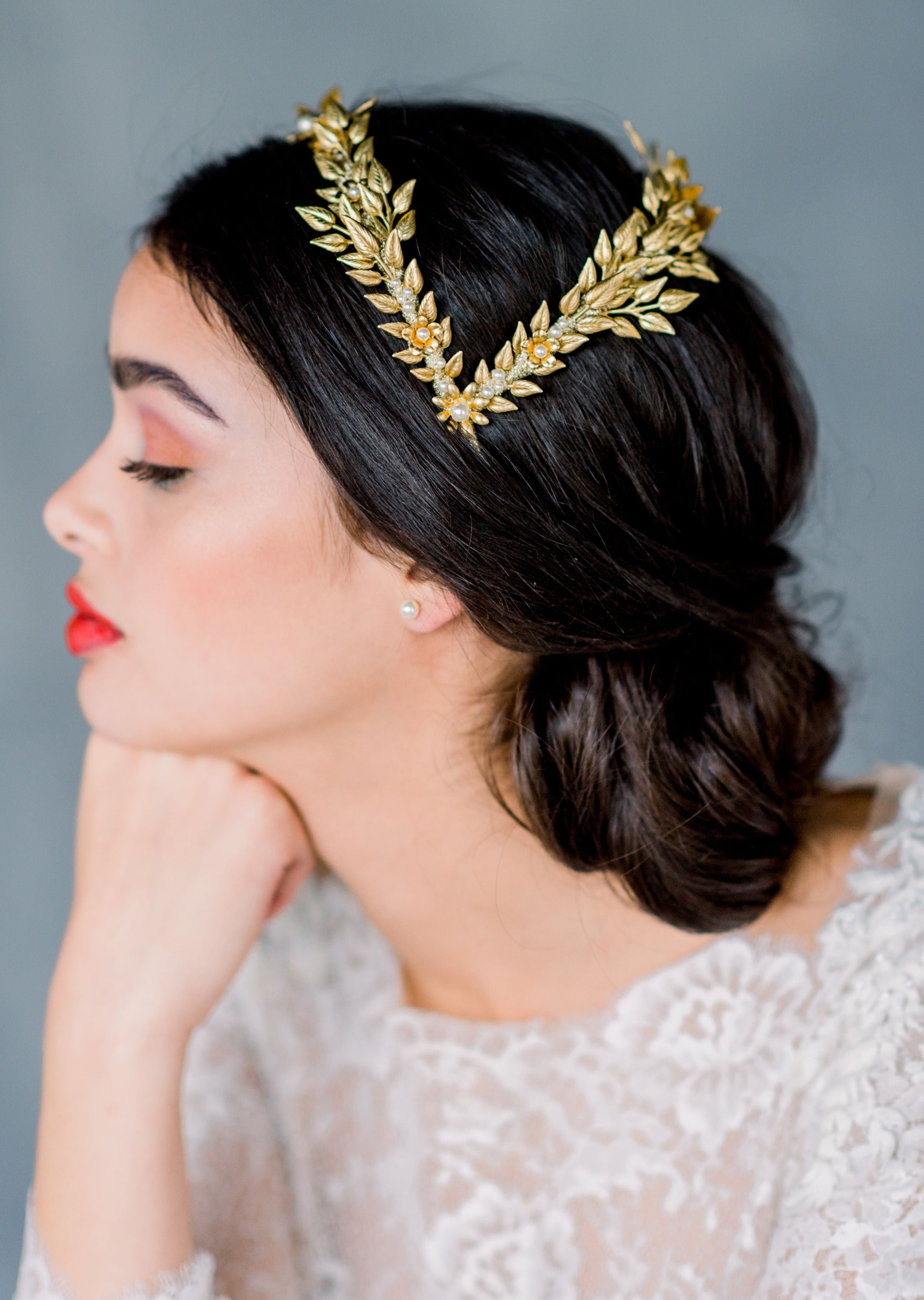 Leaf, Flower and Pearl Bridal Coronet Double Headband Vintage Inspired - Made in Toronto Ontario Canada - Blair Nadeau Bridal 