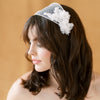 vintage inspired juliet cap headband with english tulle and french netting. handstitched vintage deadstock lace and hand pressed silk flowers on both sides of the band.  Fixed into hair with ribbon or bobby pins. handmade in toronto canada by blair nadeau bridal adornments
