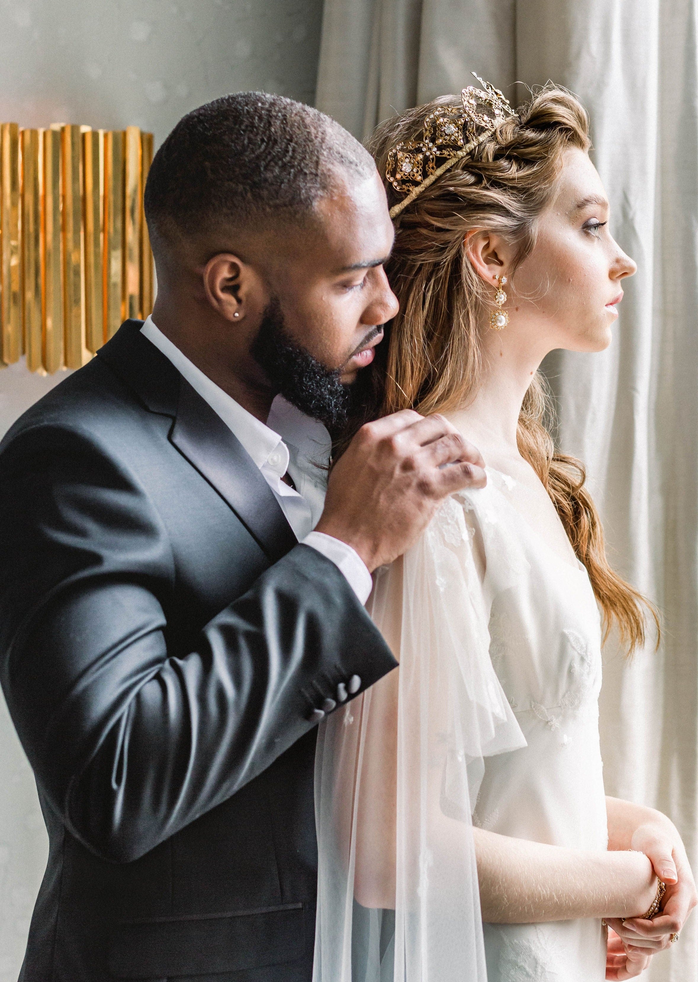 gold plated bridgerton inspired filigree earrings with 2 medallions accented with pearls and crystals with a rhinestone stud. handmade in canada by blair nadeau bridal adornments