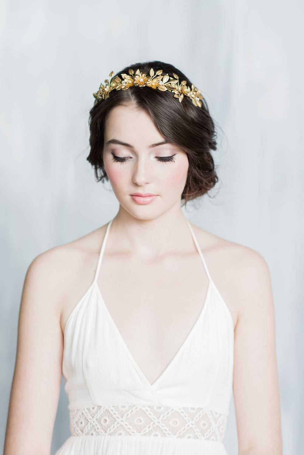 golden brass laurel leaf bridal crown with pearls - handmade in toronto ontario canada - blair nadeau bridal adornments