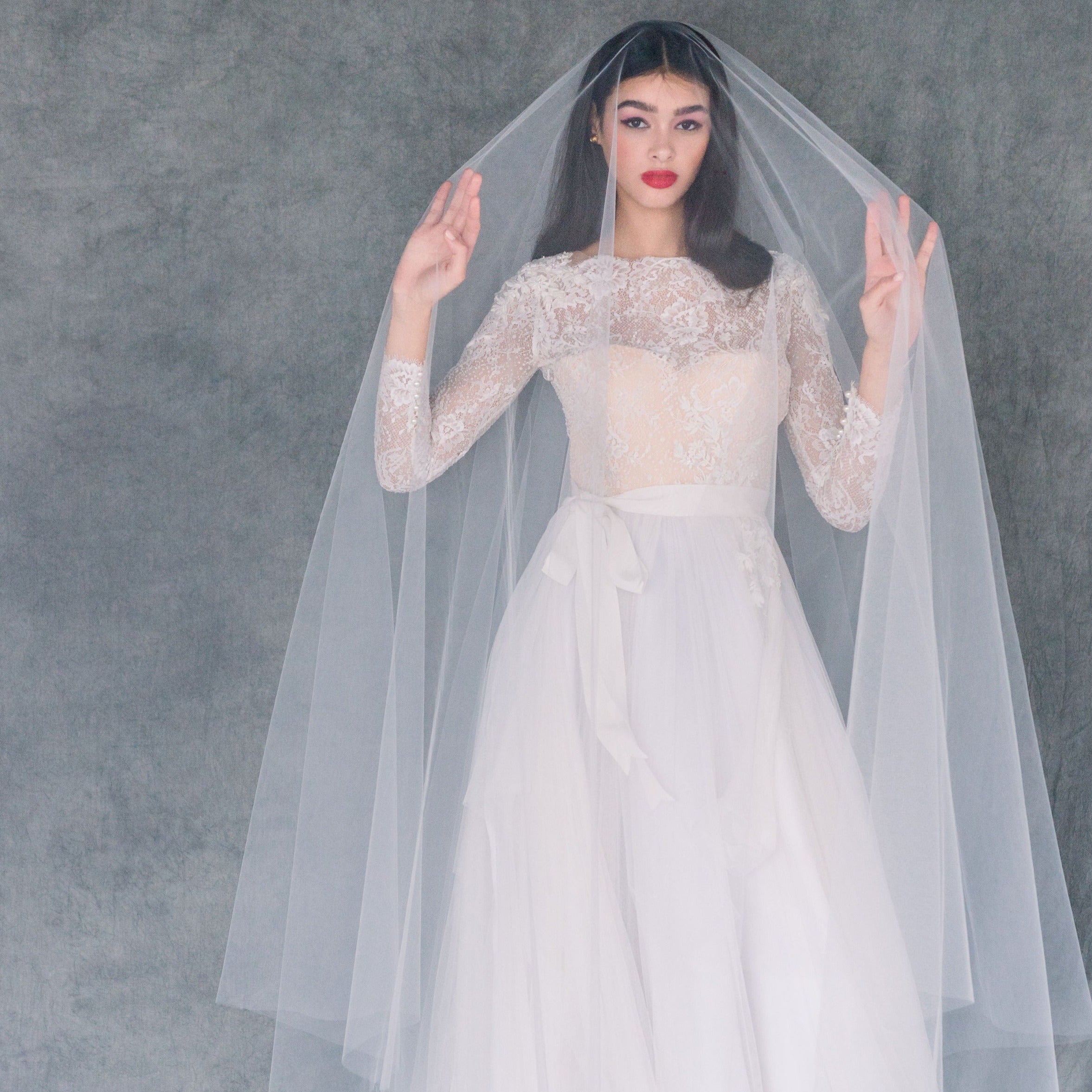 waltz length extra long bridal drop veil with blusher. made in toronto by blair nadeau 