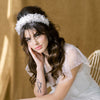 large padded headband with silver lace, flowers and pearls. Handmade in Toronto Canada by Blair Nadeau Bridal Adornments